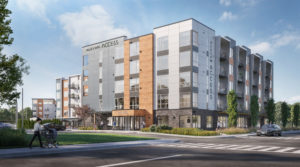 Three-Bedroom Apartments in Lynnwood, WA-Alexan Access- Building Exterior with Street View and Landscaping
