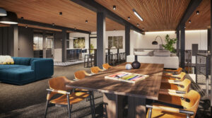 No-Limit Leisure at Alexan Access - first-level clubroom features a large fireplace with cozy seating as well as work from-home-nooks and a large gathering table